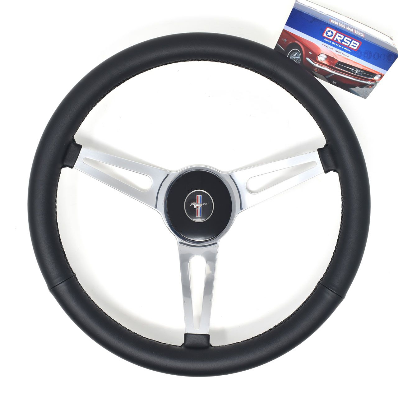 Lenkrad 3-Speichen "Shelby Style" mit Nabe in 15", Leder, 68-73 Lenkrad 3-Speichen "Shelby Style" mit Nabe in 15", Leder, 68-73