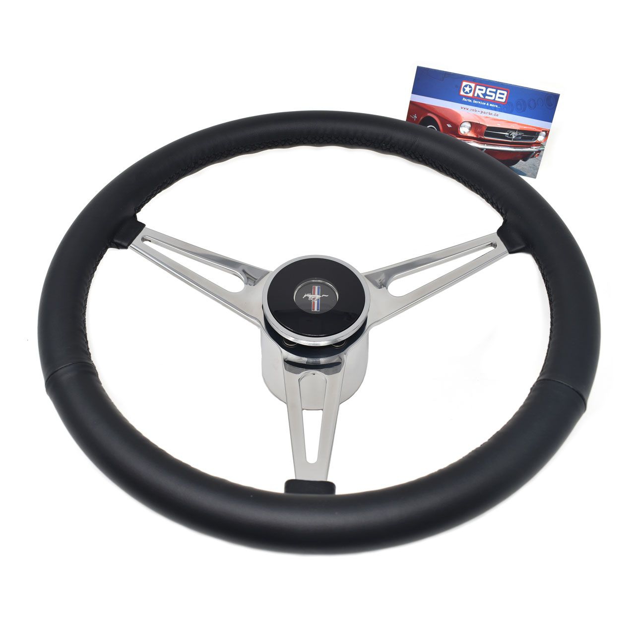 Lenkrad 3-Speichen "Shelby Style" mit Nabe in 15", Leder, 68-73 Lenkrad 3-Speichen "Shelby Style" mit Nabe in 15", Leder, 68-73