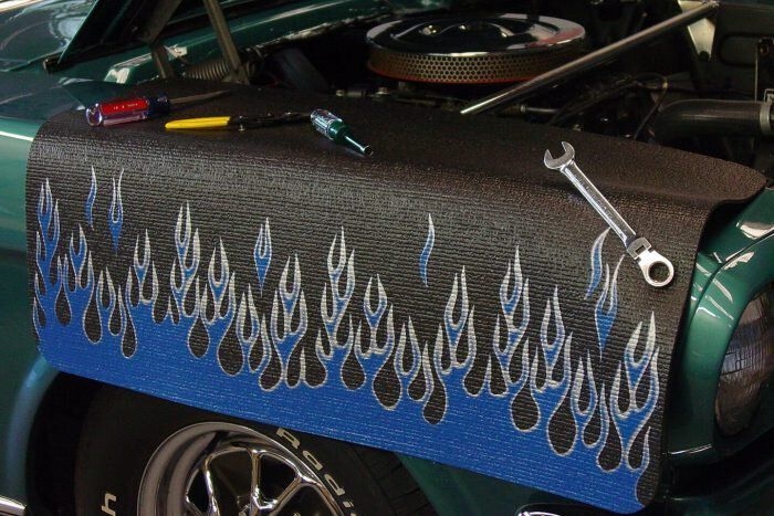 Kotflügelschoner mit - Blue & Silver Flames - Logo, Stück